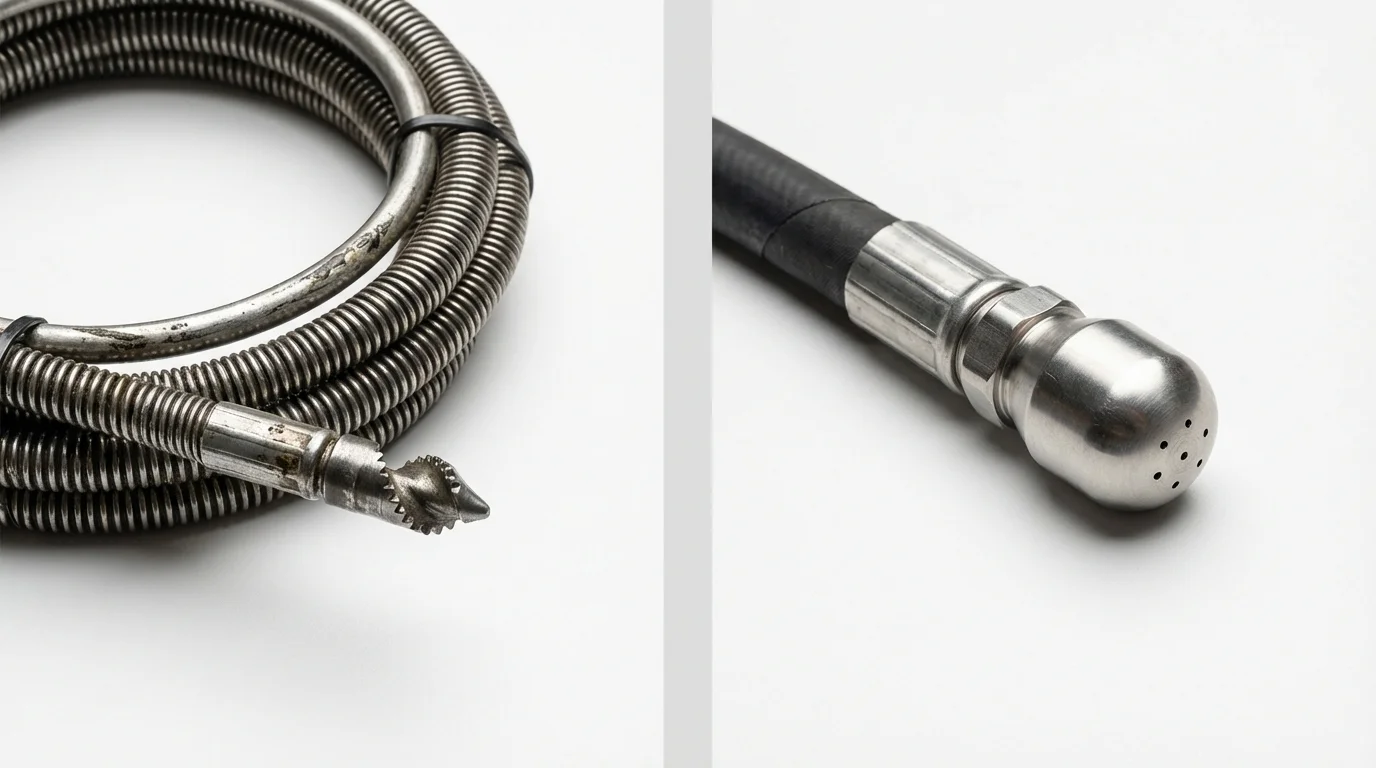 Drain snake cable and hydro jetting nozzle used for drain cleaning in Glens Falls, NY
