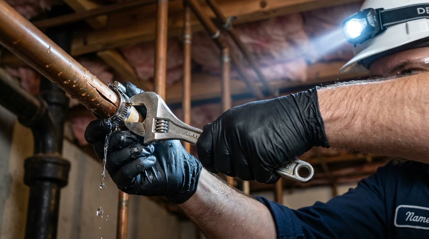 Emergency pipe clamp repair being performed by a Johns Plumbing LLC plumber in Glens Falls